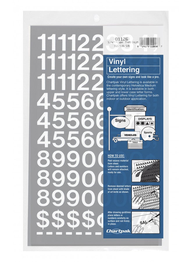 CHARTPAK Self-Adhesive Vinyl Numbers, 3/4 Inch High, White, 72 per Pack (01126) - Image 2