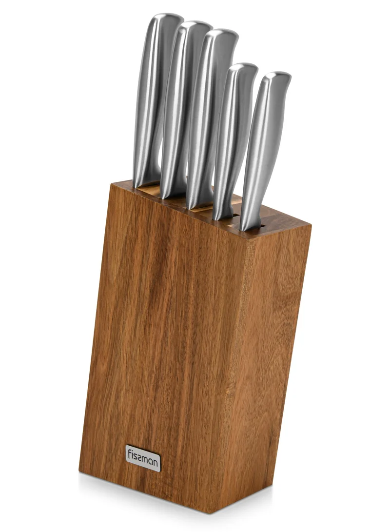 فيسمان 6-Piece Knife Set Nagatomi with Acacia Wooden Block X30Cr13 Steel, Chef Knife 20cm, Slicing Knife 20cm, Bread Knife 20cm, Utility Knife 13cm, Pairing Knife 9cm, Complete Set with Stand