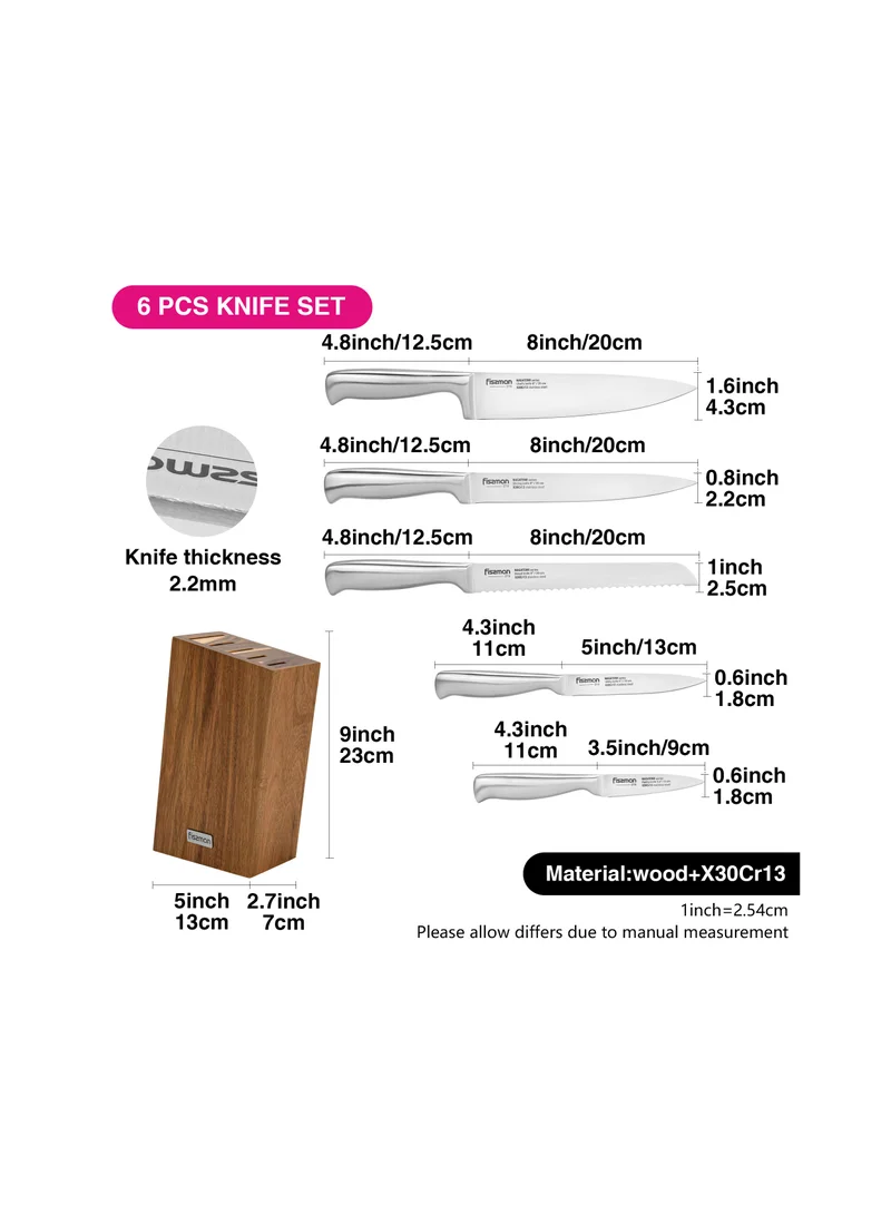 فيسمان 6-Piece Knife Set Nagatomi with Acacia Wooden Block X30Cr13 Steel, Chef Knife 20cm, Slicing Knife 20cm, Bread Knife 20cm, Utility Knife 13cm, Pairing Knife 9cm, Complete Set with Stand