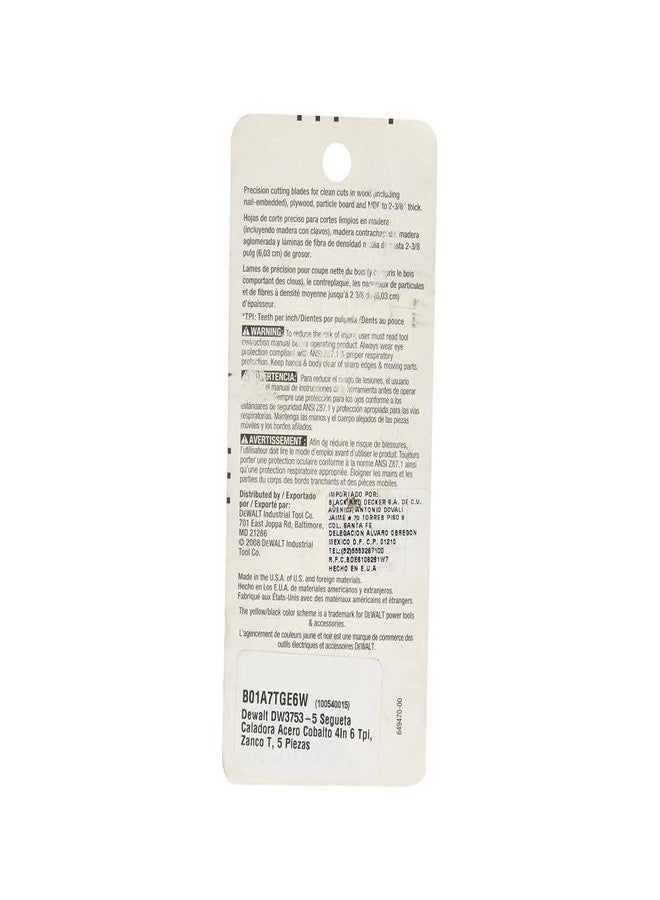 DEWALT DW3753-5 4-Inch 6 TPI Fast Clean Cut Wood Cobalt Alloy Steel T-Shank Jig Saw Blade (5-Pack) - Image 3