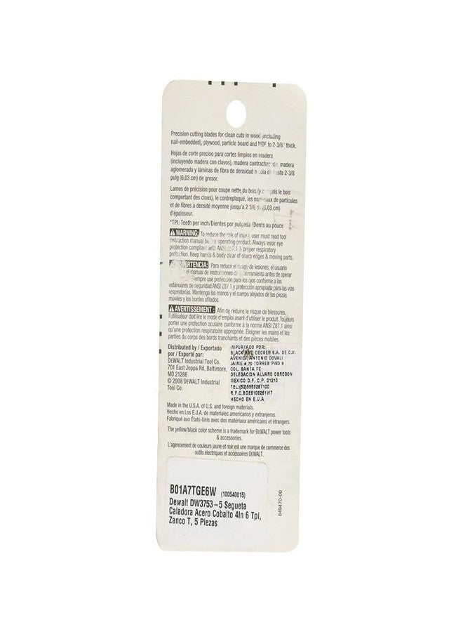 DEWALT DW3753-5 4-Inch 6 TPI Fast Clean Cut Wood Cobalt Alloy Steel T-Shank Jig Saw Blade (5-Pack) - Image 5