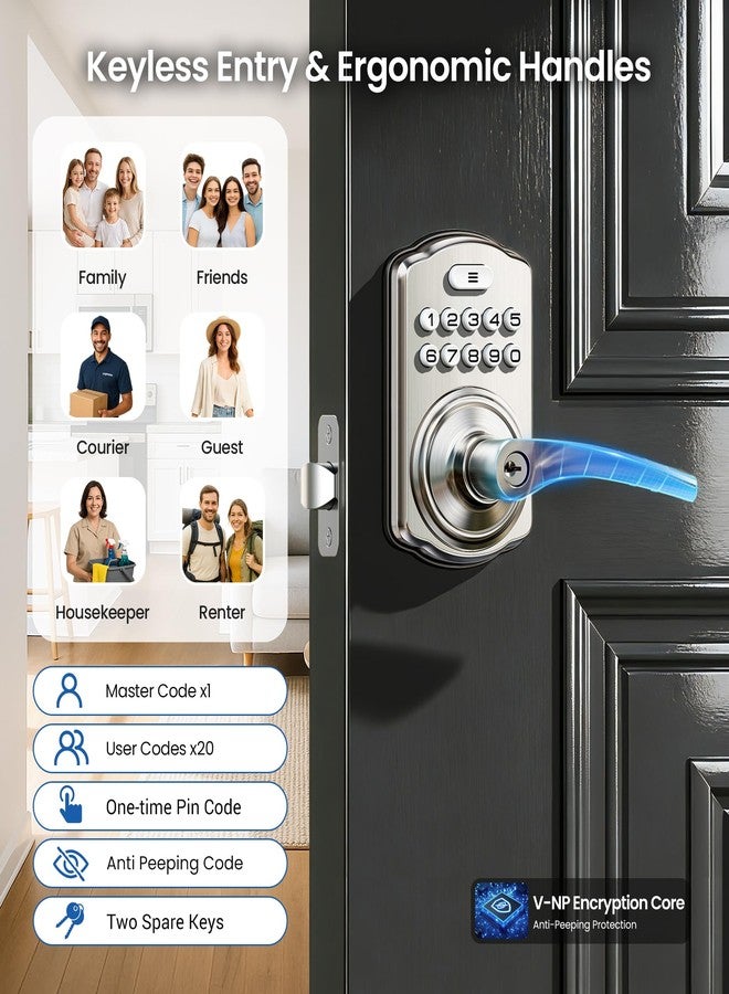 Veise Keypad Door Lock with Handle, Keyless Entry for Front Door & Bedroom, Electronic Lock with Code, Auto-Locking, Easy Installation, Passage Mode, Satin Nickel - Image 2