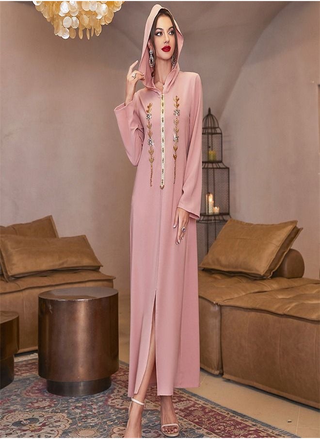 Loquat Handmade Diamond Capped Dress Abaya Pink  - Image 2