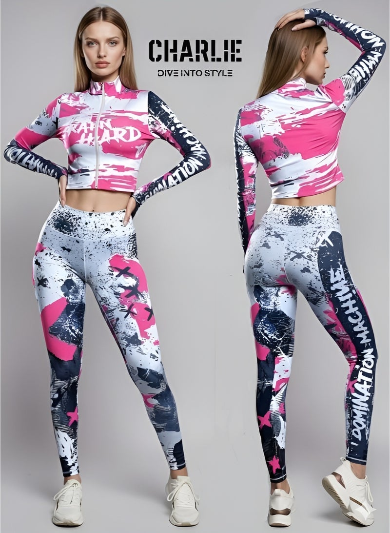 Charlie Exclusive Women's 2 Piece Gym Set – Pink & White Printed Sportswear Jacket & High Waist Leggings  – Gym, Workout, Yoga & Activewear – Medium Size – Limited Stock - Image 1