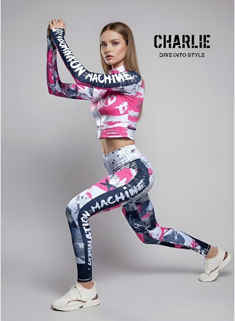 Charlie Exclusive Women's 2 Piece Gym Set – Pink & White Printed Sportswear Jacket & High Waist Leggings  – Gym, Workout, Yoga & Activewear – Medium Size – Limited Stock - Image 2
