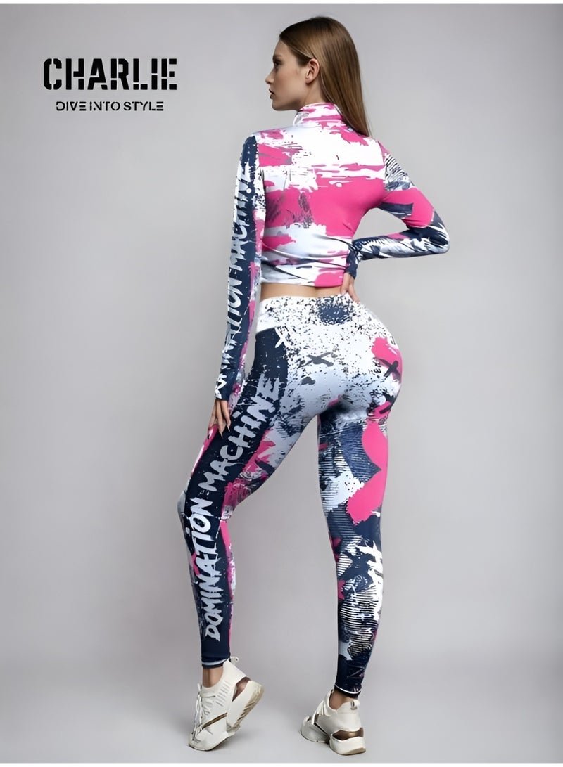 Charlie Exclusive Women's 2 Piece Gym Set – Pink & White Printed Sportswear Jacket & High Waist Leggings  – Gym, Workout, Yoga & Activewear – Medium Size – Limited Stock - Image 4