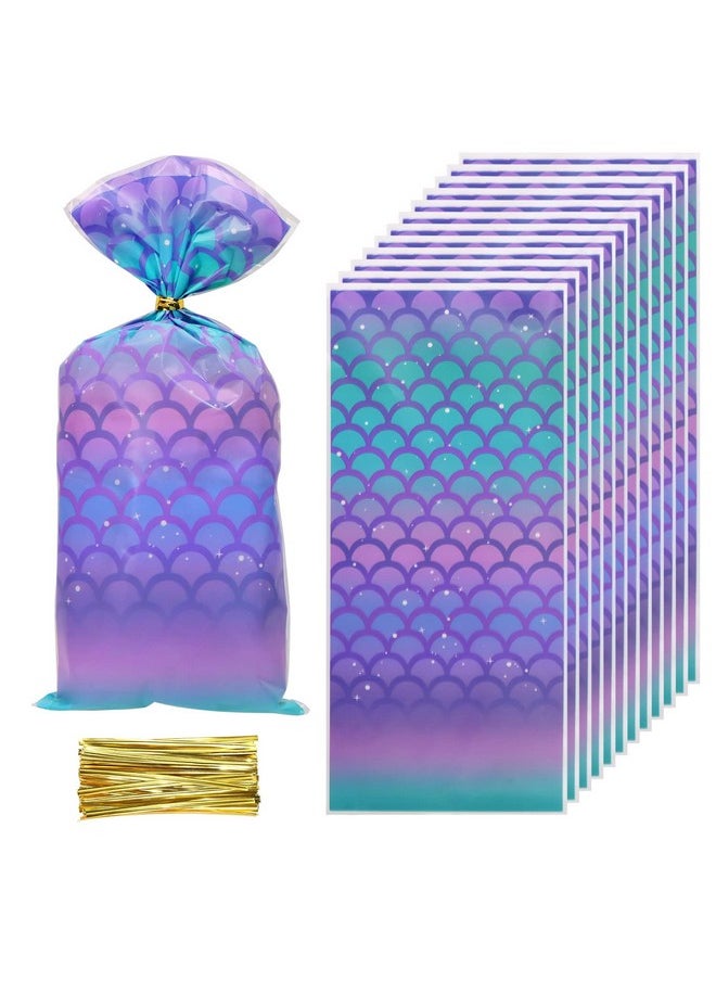 PENTA ANGEL Mermaid Party Favor Bags 50Pcs Plastic Flat Cello Cellophane Candy Goodie Treat Bakery Bags With 50Pcs Twist Ties For Wedding Birthday Gift Wrapping (Blue&Purple)  - Image 1