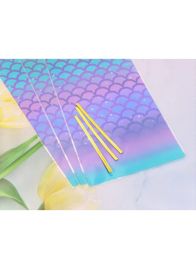 PENTA ANGEL Mermaid Party Favor Bags 50Pcs Plastic Flat Cello Cellophane Candy Goodie Treat Bakery Bags With 50Pcs Twist Ties For Wedding Birthday Gift Wrapping (Blue&Purple)  - Image 3