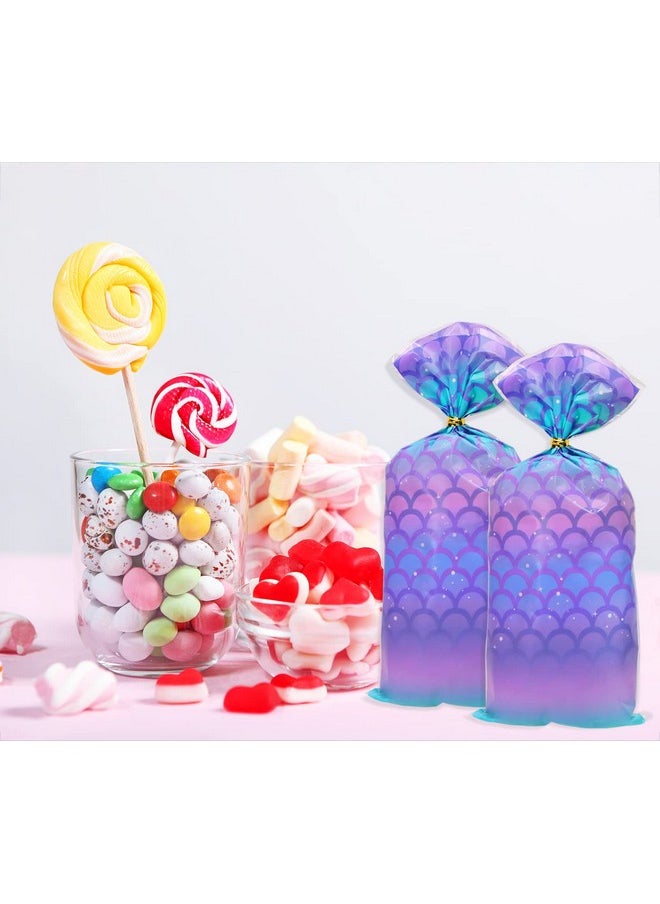 PENTA ANGEL Mermaid Party Favor Bags 50Pcs Plastic Flat Cello Cellophane Candy Goodie Treat Bakery Bags With 50Pcs Twist Ties For Wedding Birthday Gift Wrapping (Blue&Purple)  - Image 4