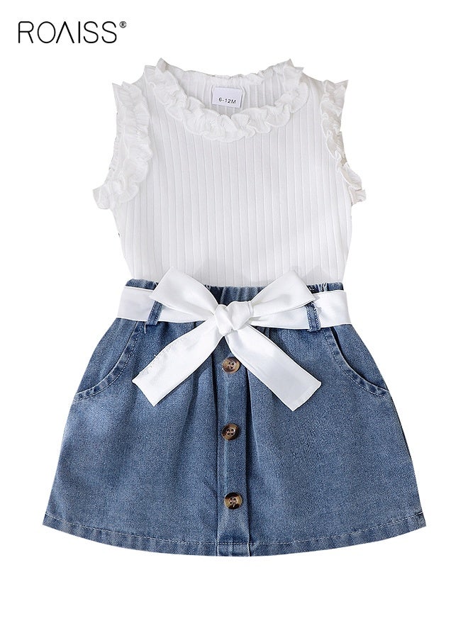 roaiss Toddler Girls Camisole and Pants Set with a Belt, Stylish Summer Outfit with Sleeveless Top and Denim Skirt, 2 Piece Comortable Clothing Set for Little Girls  - Image 1