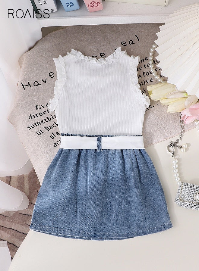 roaiss Toddler Girls Camisole and Pants Set with a Belt, Stylish Summer Outfit with Sleeveless Top and Denim Skirt, 2 Piece Comortable Clothing Set for Little Girls  - Image 3