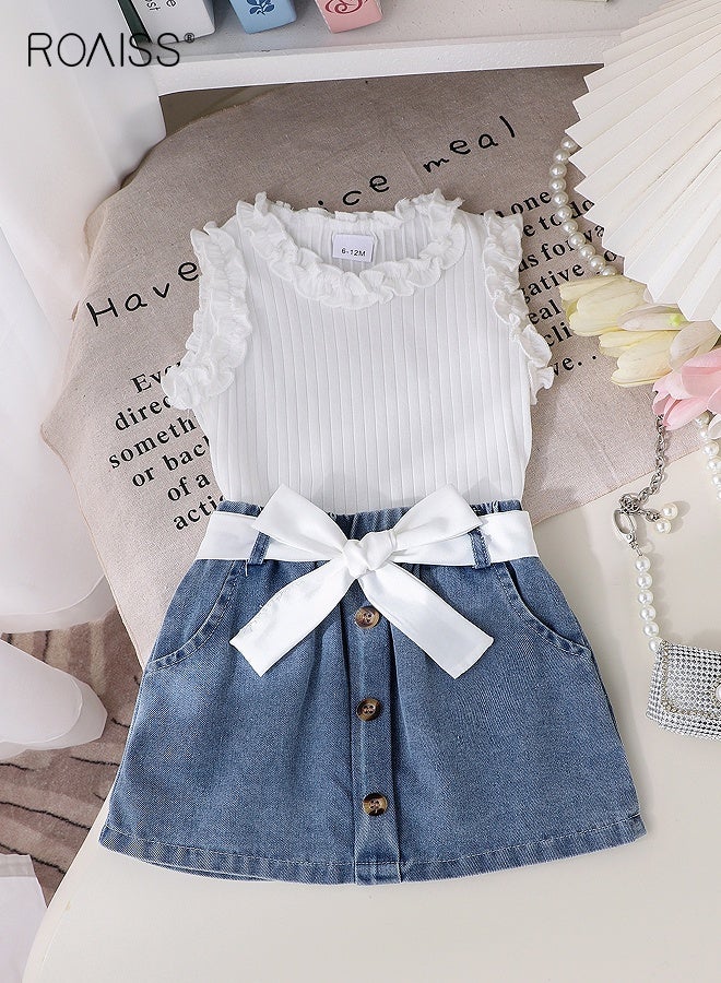 roaiss Toddler Girls Camisole and Pants Set with a Belt, Stylish Summer Outfit with Sleeveless Top and Denim Skirt, 2 Piece Comortable Clothing Set for Little Girls  - Image 2
