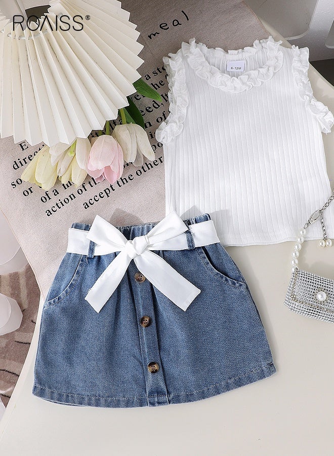roaiss Toddler Girls Camisole and Pants Set with a Belt, Stylish Summer Outfit with Sleeveless Top and Denim Skirt, 2 Piece Comortable Clothing Set for Little Girls  - Image 4