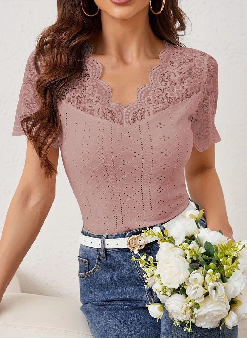 YUNIQEE Pink Sweetheart Neck Short Sleeves Self Design Top