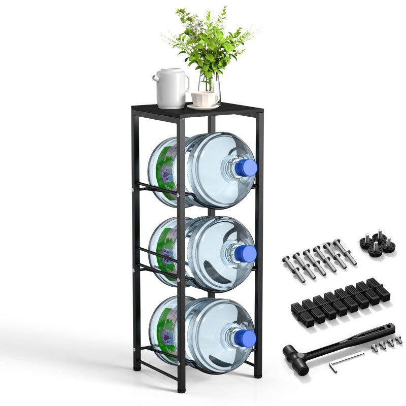 Dirza 5 Gallon Water Bottle Jug Holder with Top Shelf 3Tier Heavy Duty Water Storage Rack Dispenser Stand Organizer for Kitchen Office Brown Black