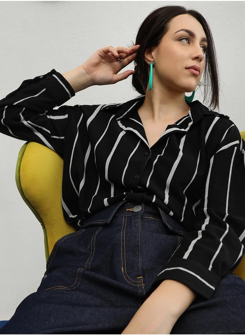 PINACOLADA Women's Midnight Black & Moon Grey Striped Boxy Shirt