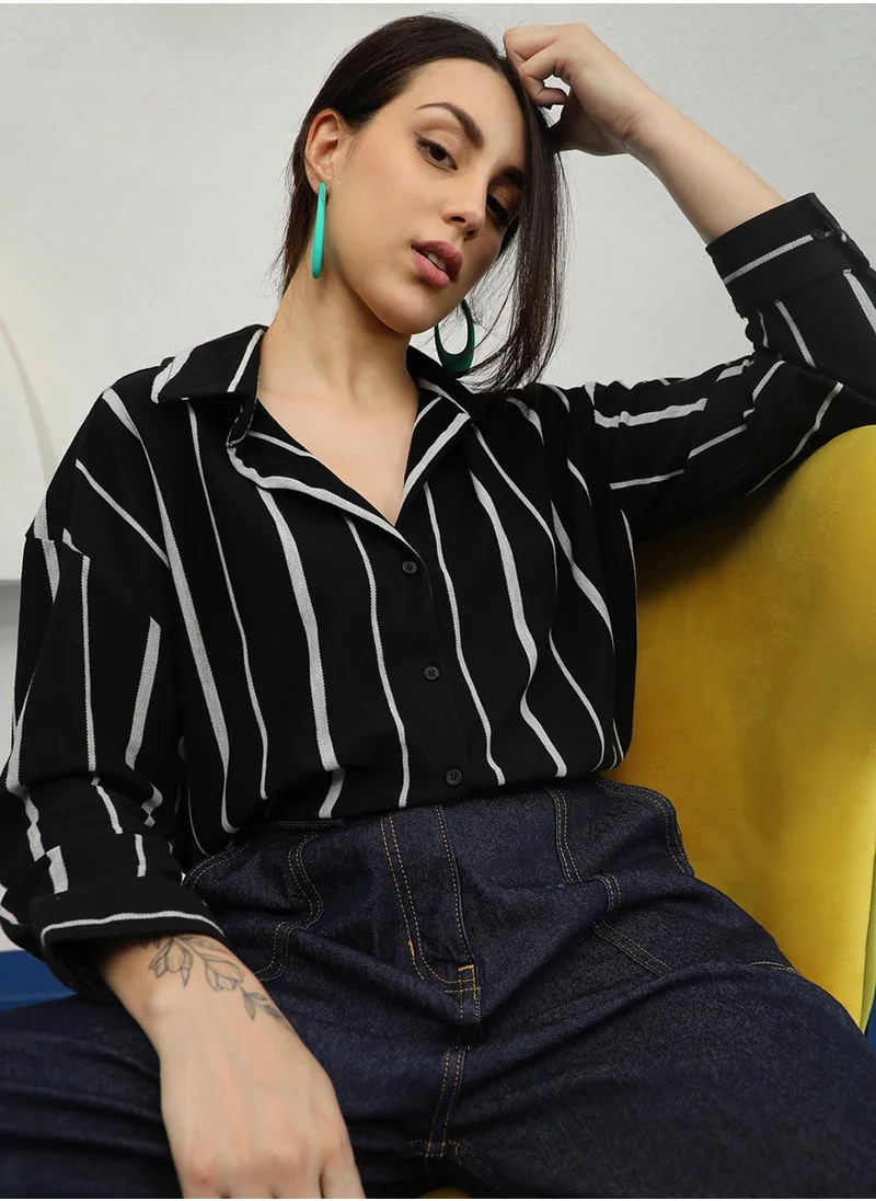 PINACOLADA Women's Midnight Black & Moon Grey Striped Boxy Shirt