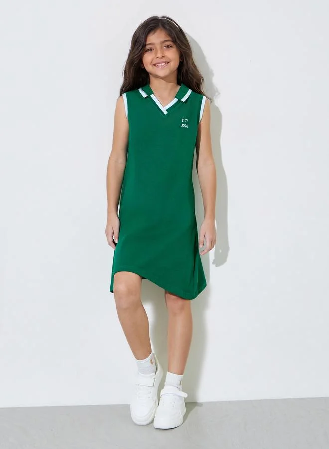 Styli Girls Dark Green KSA National Day Print Sleeveless Polo Midi Dress