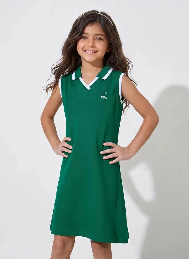 Styli Girls Dark Green KSA National Day Print Sleeveless Polo Midi Dress