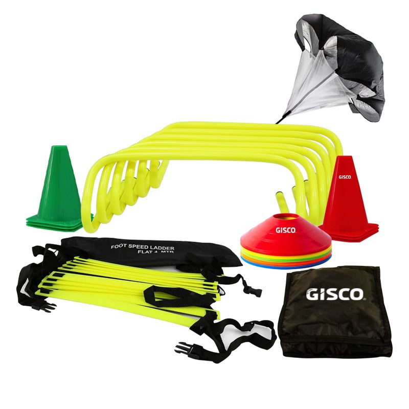 GISCO Speed and Agility Soccer Training Kit, Including 6" Hurdles - 6Pcs + 4 M Agility Ladder with Bag- 1 Piece + 6" Marker Cone - 6 Pcs + Space Marker -20 Pcs + Speed Chute Large - 1 Piece + Kit Bag - Image 1