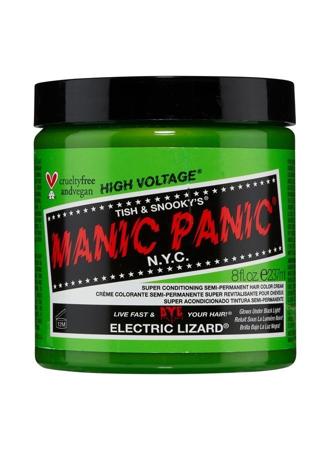 Manic Panic صبغة شعر كهربائية للزواحف - جهد عالي كلاسيكي - لون شعر شبه دائم - ظل أخضر ليموني نيون - يتلألأ تحت الضوء الأسود - نباتية، خالية من PPD والأمونيا - لتلوين شعر النساء والرجال