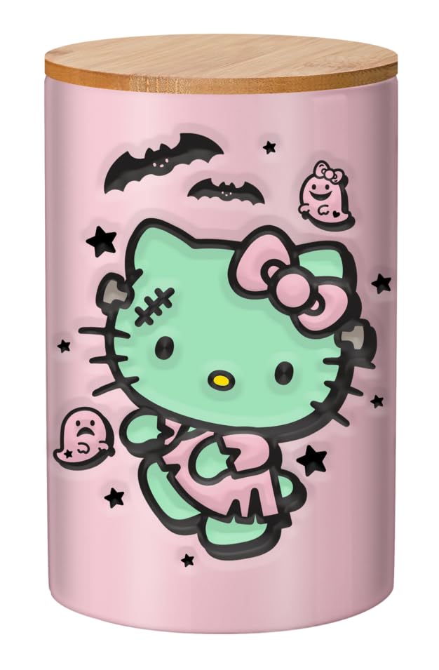Silver Buffalo Sanrio Hello Kitty Halloween Spooky Frankenstein Frankenkitty Ceramic Cookie Snack Candy Jar With Airtight Bamboo Lid (Small)