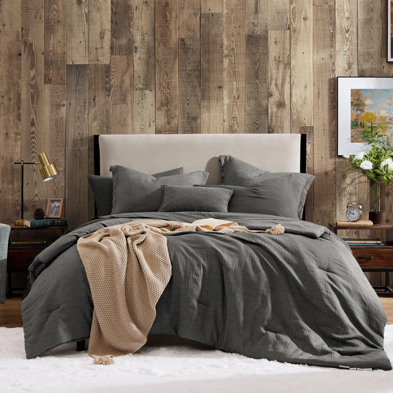 Geniospin Queen Comforter Set  7 Pieces Comforter Queen Size Solid Bedding Set for All Season Textured Bed in a Bag with Flat Sheet and Fitted Sheet Pillowcases and Shams Grey 90x90