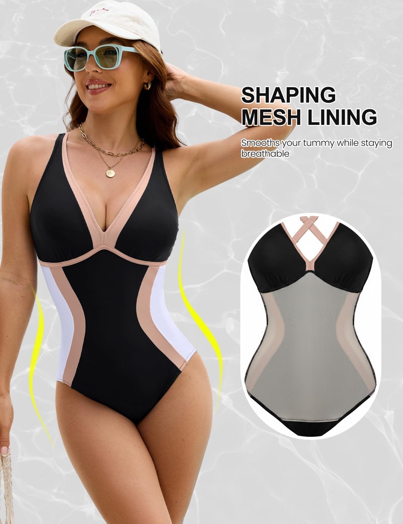 BMJL Womens One Piece Swimsuit Slimming Tummy Control Bathing Suit Color Block Shapewear Swim Suits 2025(M,Black) - Image 4