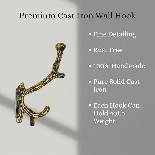 AYZCORP Set of 3 Cast Iron Tree Branch Shape Coat Hooks Wall Art DecorBranch Shape Hangers and Key HolderClothes Rack and Backpack HangerCoat Hooks Home Decor for StorageLiving BrassAntique - Image 3