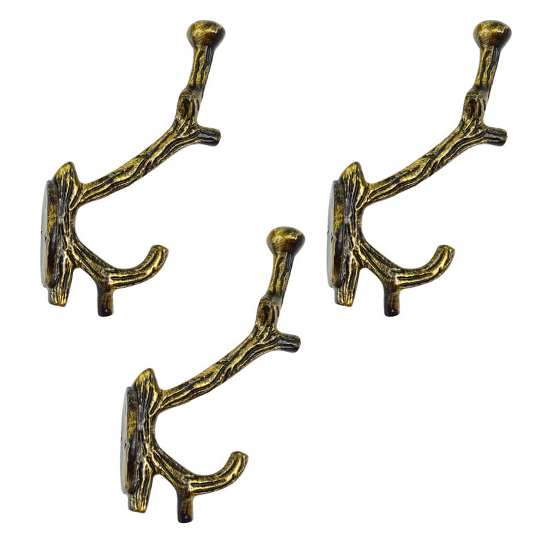 AYZCORP Set of 3 Cast Iron Tree Branch Shape Coat Hooks Wall Art DecorBranch Shape Hangers and Key HolderClothes Rack and Backpack HangerCoat Hooks Home Decor for StorageLiving BrassAntique - Image 2