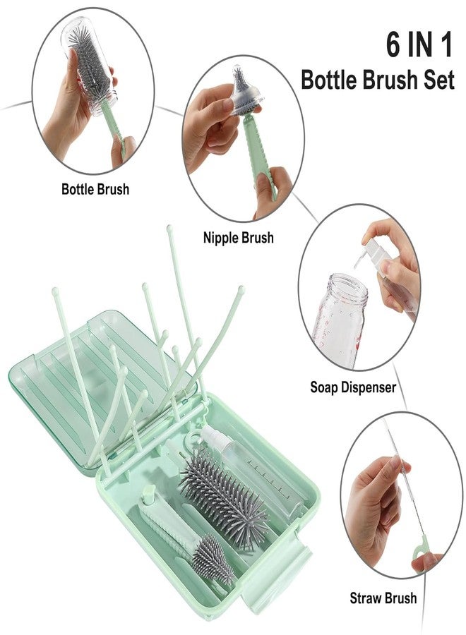 Onomie 6 in 1 Baby Bottle Cleaner Set with Drying Rack,Silicone Baby Bottle,Straw Brush,Nipple Brush,Soap Dispenser and Storage Box, Portable Essentials for Home&Travel (Green) - Image 3