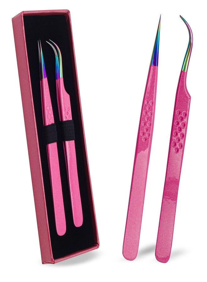 Precision Eyelash Extension Tweezers,Straight And Curved, with Fiber Tip, Volume & Isolation Tweezers, Japanese Stainless Steel, Unique Spotted Design (Pink Color) - Image 1