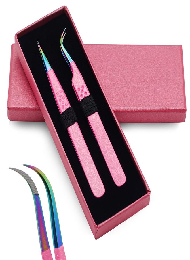 Precision Eyelash Extension Tweezers,Straight And Curved, with Fiber Tip, Volume & Isolation Tweezers, Japanese Stainless Steel, Unique Spotted Design (Pink Color) - Image 2