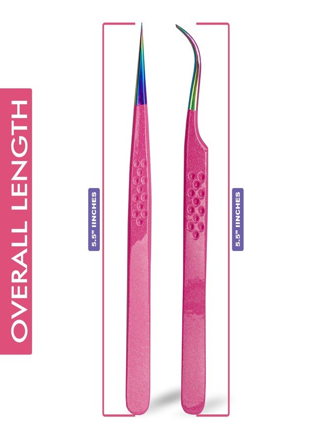 Precision Eyelash Extension Tweezers,Straight And Curved, with Fiber Tip, Volume & Isolation Tweezers, Japanese Stainless Steel, Unique Spotted Design (Pink Color) - Image 3
