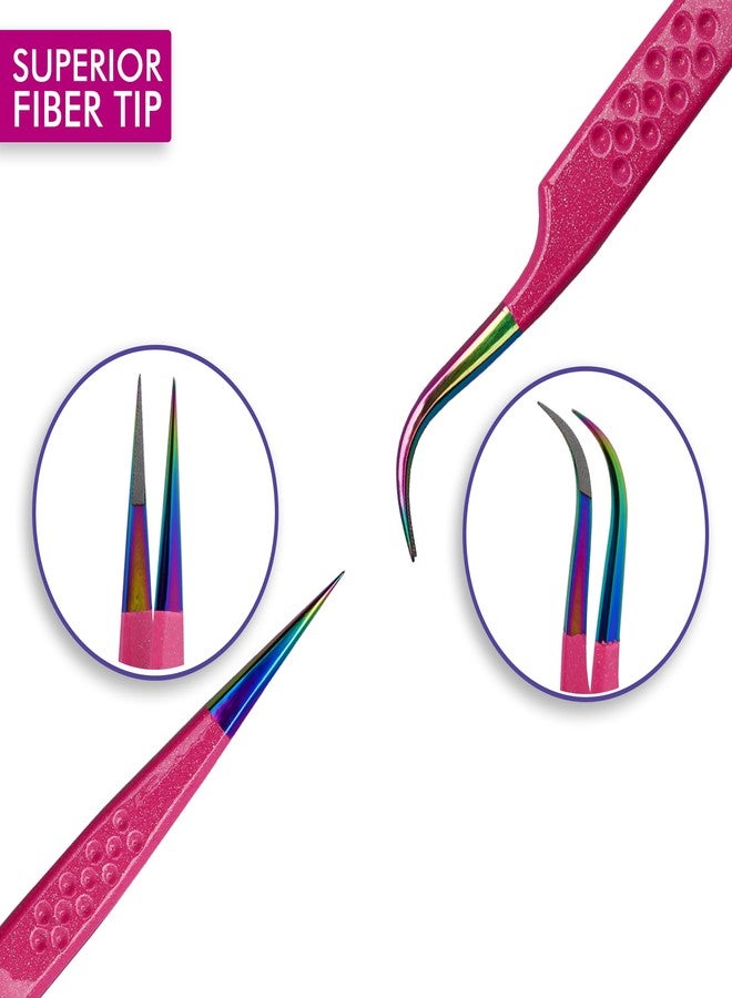Precision Eyelash Extension Tweezers,Straight And Curved, with Fiber Tip, Volume & Isolation Tweezers, Japanese Stainless Steel, Unique Spotted Design (Pink Color) - Image 4
