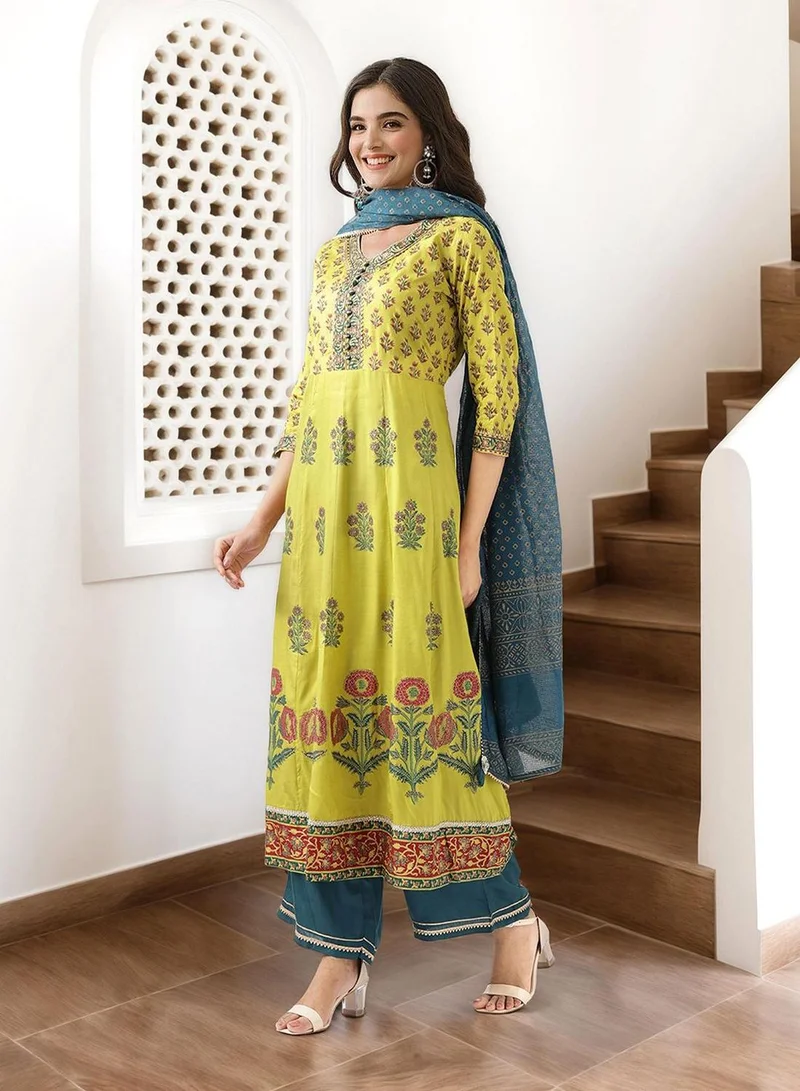 ISHIN Women's Mustard 100% Cotton Embellished Tunic Full Length Palazzo Straight Fit Kurta Set