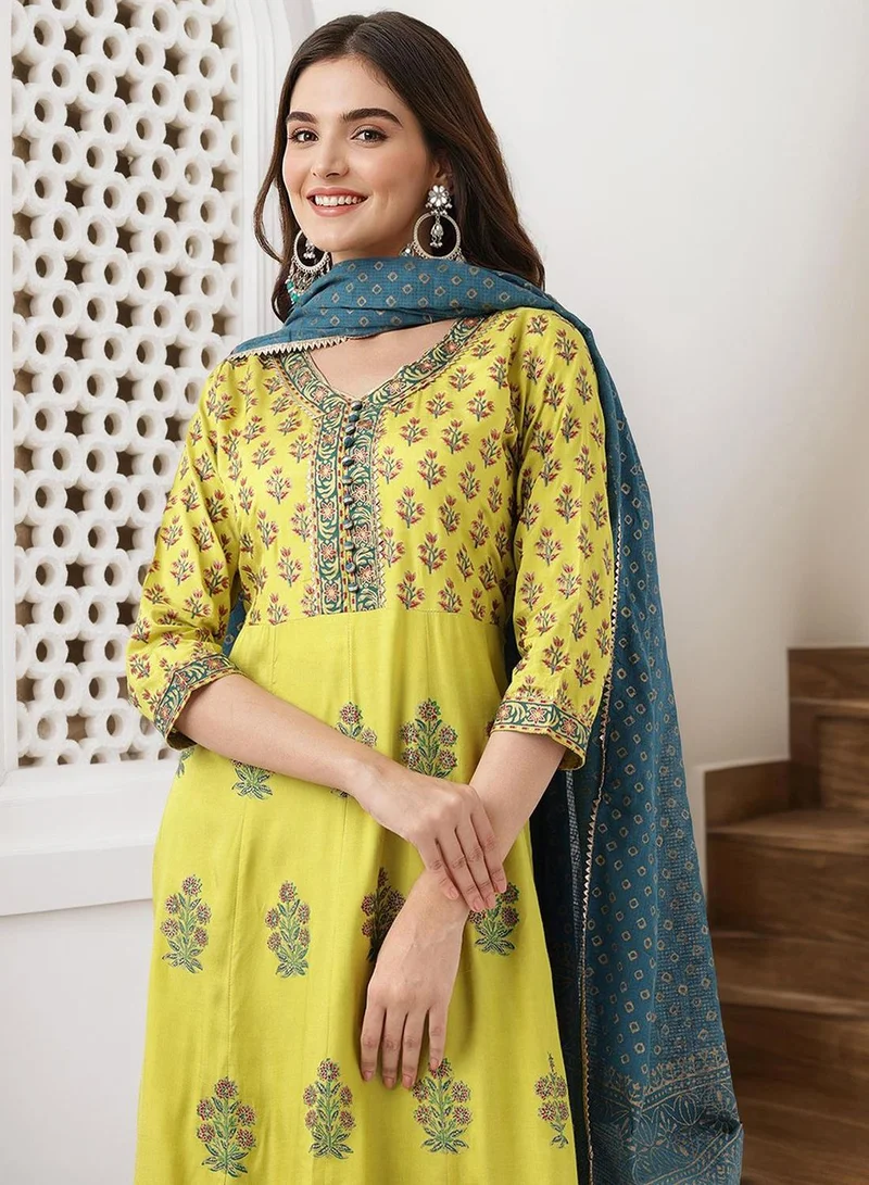 ISHIN Women's Mustard 100% Cotton Embellished Tunic Full Length Palazzo Straight Fit Kurta Set