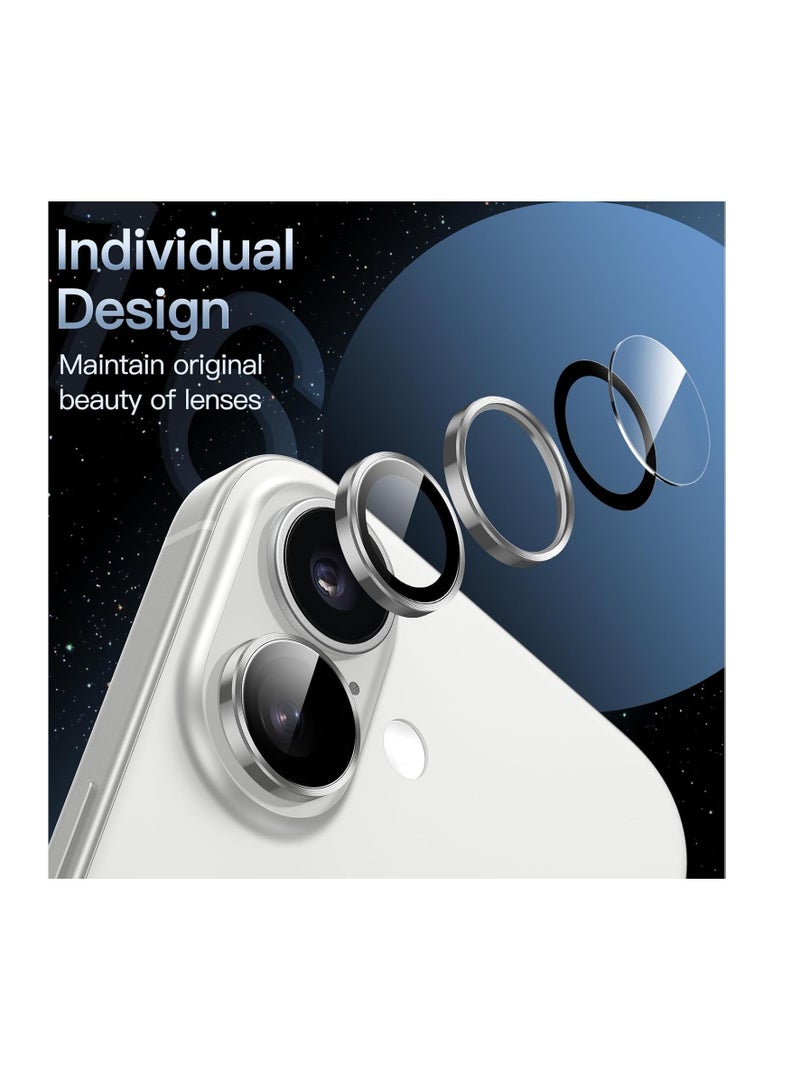 Camera Lens Protector For iPhone 16/iPhone 16+ Plus, [Keep Original Shooting] Tempered Glass Screen Protector Metal Individual Camera Cover, Case Friendly (Silver)  - Image 2