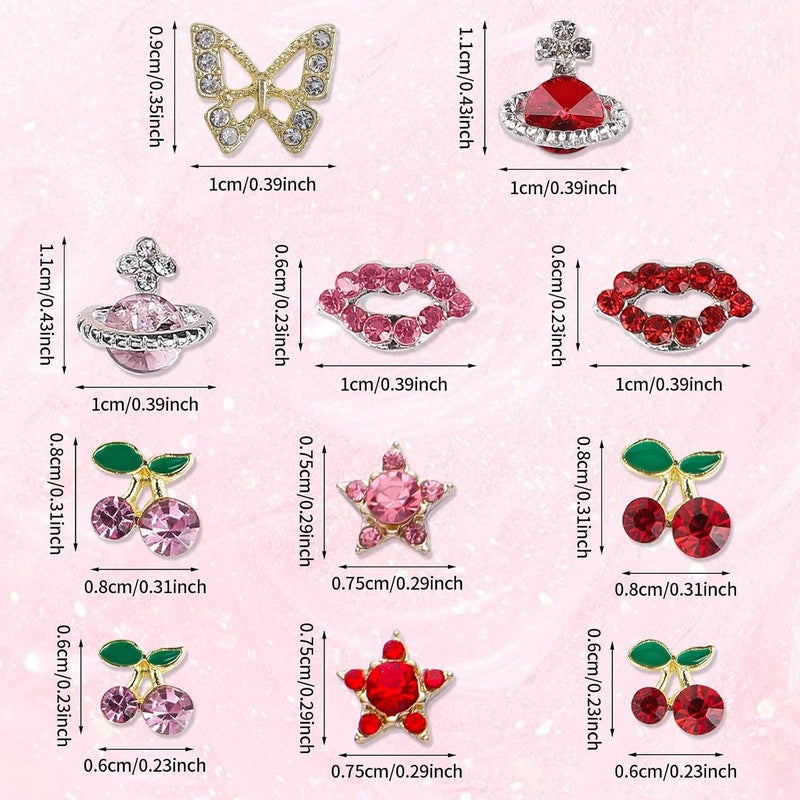 KYLELOVE 55 Pcs Cherry Nail Charms Rhinestone Red Pink Cherries Nail Art Gems Star Planet Butterfly Nail Jewelry Decorations Saturn Shape Acrylic Nail Charm Accessories for Women Girl DIY Crafts - Image 3