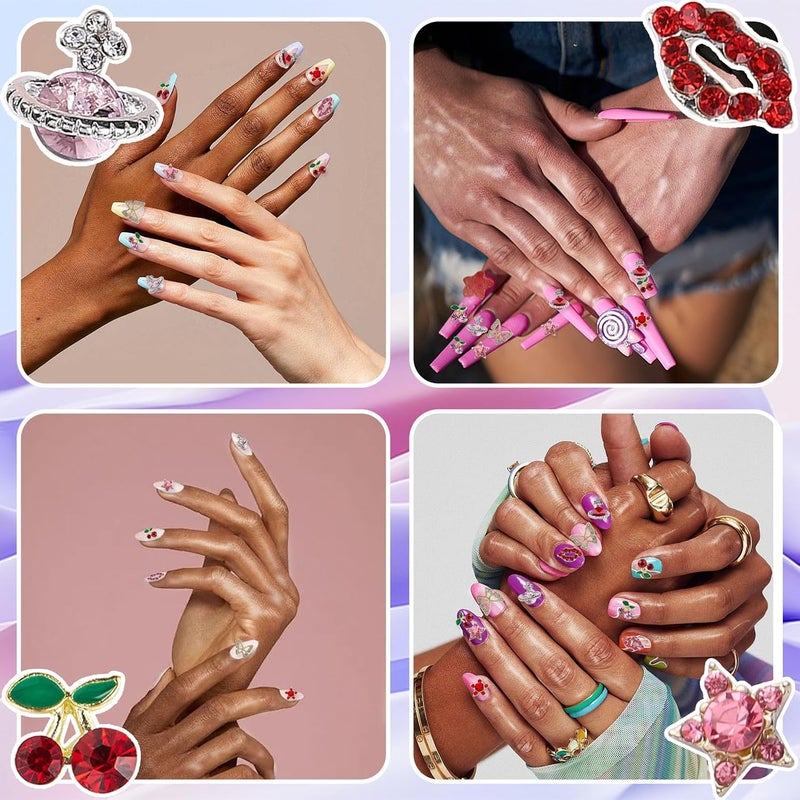 KYLELOVE 55 Pcs Cherry Nail Charms Rhinestone Red Pink Cherries Nail Art Gems Star Planet Butterfly Nail Jewelry Decorations Saturn Shape Acrylic Nail Charm Accessories for Women Girl DIY Crafts - Image 4