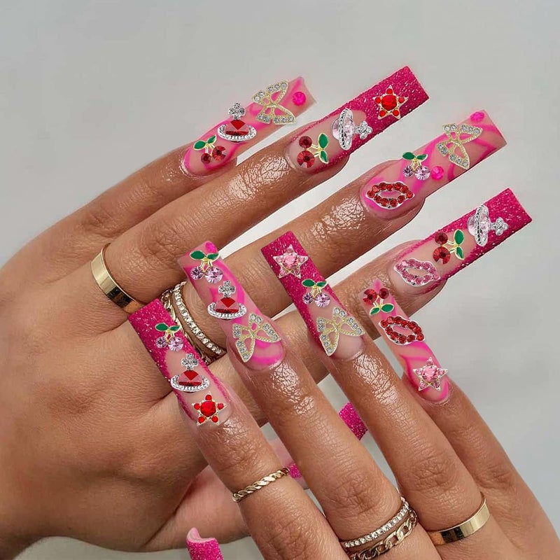 KYLELOVE 55 Pcs Cherry Nail Charms Rhinestone Red Pink Cherries Nail Art Gems Star Planet Butterfly Nail Jewelry Decorations Saturn Shape Acrylic Nail Charm Accessories for Women Girl DIY Crafts - Image 5