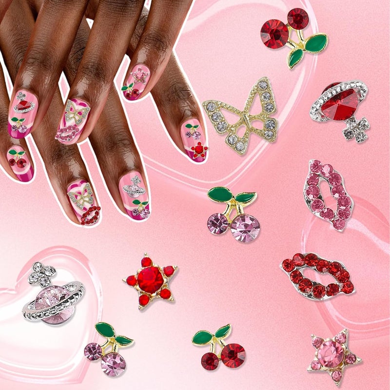 KYLELOVE 55 Pcs Cherry Nail Charms Rhinestone Red Pink Cherries Nail Art Gems Star Planet Butterfly Nail Jewelry Decorations Saturn Shape Acrylic Nail Charm Accessories for Women Girl DIY Crafts - Image 2