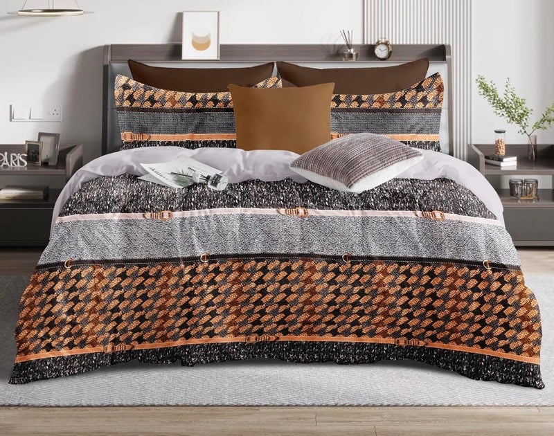 Nanki's Nankis Winters Special Velvet Quilt with Fiber Filling Front Printed Solid Color Back Size 234 x 254 Cms Grey Gold Geo 