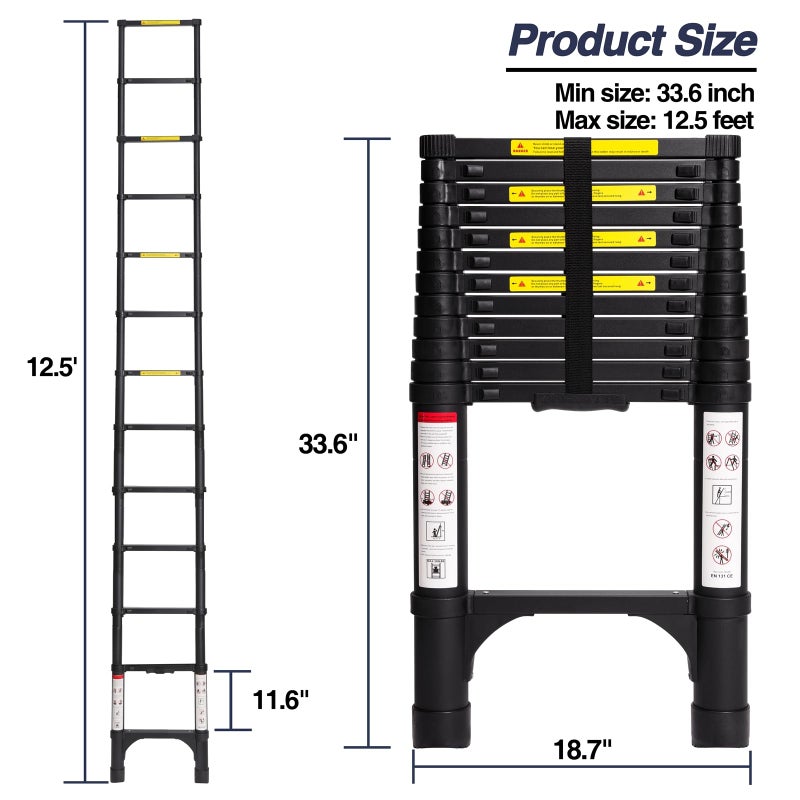 BOCOM 12.5 FT Aluminum Telescoping Ladder, Lightweight Multi-Purpose Collapsible Extension with 2 Triangle Stabilizers, Heavy Duty 330 lbs Max Capacity, Ideal for Home, RV, and Outdoor Work Black - Image 5