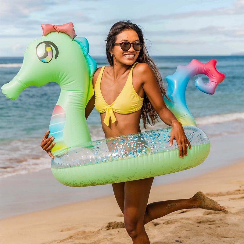 Poolcandy Inflatable 40"" inch Animal Pool Tubes & Swim Rings (Turquoise Sea Horse with Glitter Animal 40"" Pool Tube) - Image 3
