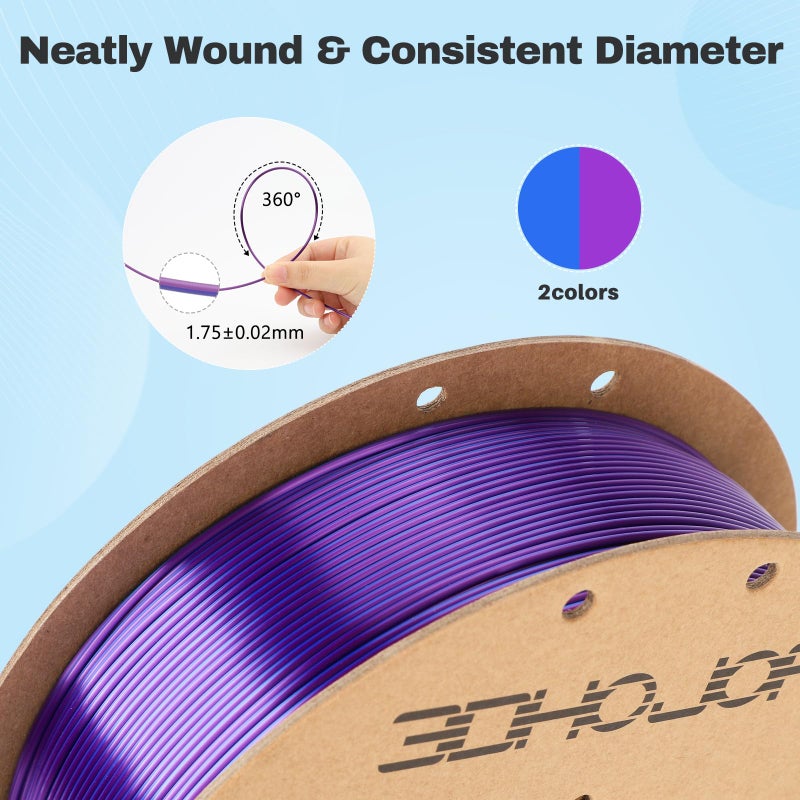 3DHoJor Silk PLA Filament 1.75mm Blue Purple Dual Color PLA 3D Printer Filament 2 in 1 Coextrusion 1KG Spool(2.2lbs) 3D Printing Filament Dimensional Accuracy +/- 0.03mm Fits for Most FDM 3D Printers - Image 3