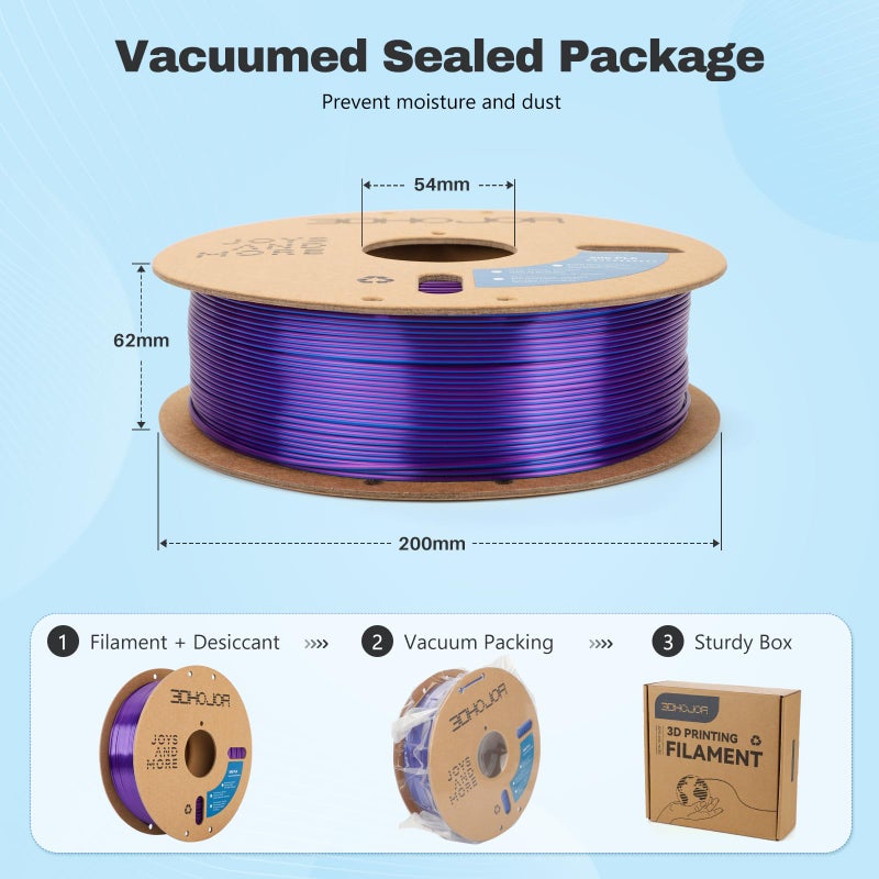 3DHoJor Silk PLA Filament 1.75mm Blue Purple Dual Color PLA 3D Printer Filament 2 in 1 Coextrusion 1KG Spool(2.2lbs) 3D Printing Filament Dimensional Accuracy +/- 0.03mm Fits for Most FDM 3D Printers - Image 5