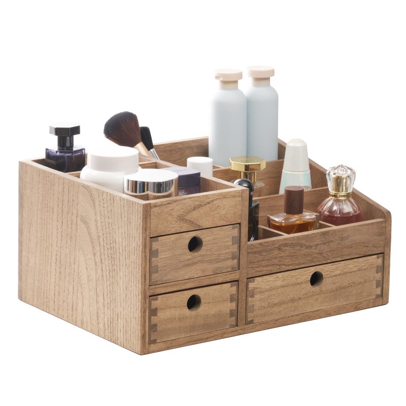 KIRIGEN Wood Makeup Organizer Storage Cabinet Tabletop Cosmetic Organizer Jewelry Storage Box 8 Compartment Makeup Display Case with 3 Drawers Brown(HZG-DBR) - Image 1