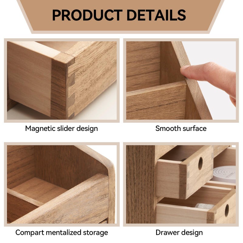KIRIGEN Wood Makeup Organizer Storage Cabinet Tabletop Cosmetic Organizer Jewelry Storage Box 8 Compartment Makeup Display Case with 3 Drawers Brown(HZG-DBR) - Image 4