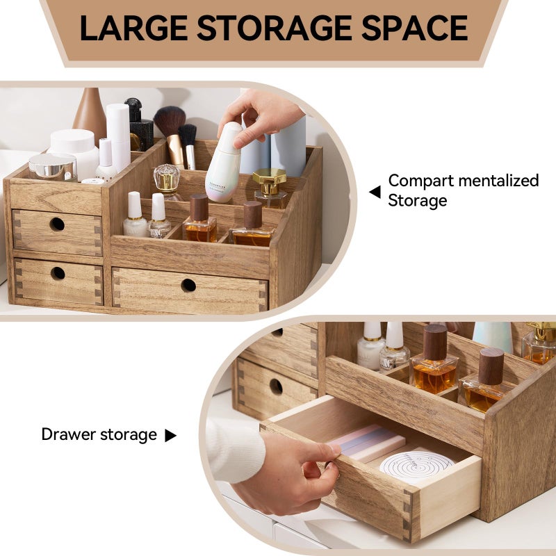 KIRIGEN Wood Makeup Organizer Storage Cabinet Tabletop Cosmetic Organizer Jewelry Storage Box 8 Compartment Makeup Display Case with 3 Drawers Brown(HZG-DBR) - Image 3